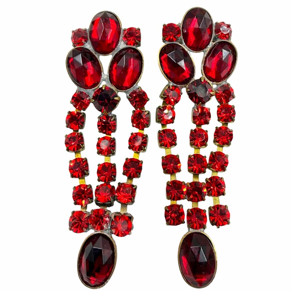 Vtg 50s Bijoux MG Signed Czech Glass Rhinestone Dangle Statement Earrings